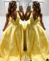 2019 Elegant Yellow Satin Prom Dresses with V-Neck Long Prom Gowns for Party