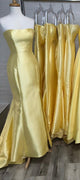Sexy Strapless 2019 Yellow Satin Prom Dresses Mermaid Long Prom Gowns Party Dress