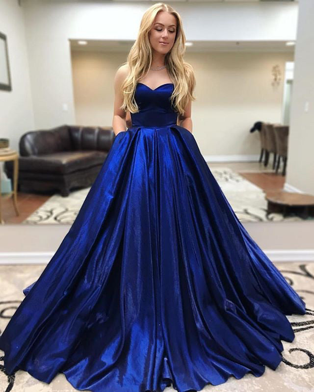 Queendancer Women Royal Blue Satin Long Prom Dress with Pockets A-Line  Spaghetti Straps Formal Dress – queendanceruk