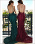 Sexy 2019 Burgundy Mermaid Prom Dresses with V-Neck Lace Prom Party Gowns Backless