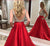 Sexy Red Satin Prom Dresses with V Neck Beaded Bodice Long Prom Gowns Backless