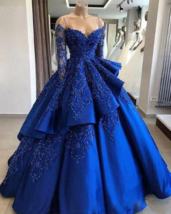 blue sweet 15 dresses Royal Satin Quinceanera Embroidered Lace Full Sleeve Swee – angelaweddings Size:I Black Color Length Bella Hadid Wears Two MA422