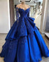Royal Blue Satin Quinceanera Dresses Embroidered Lace Full Sleeve Sweet 16 vestidos de quinceañera