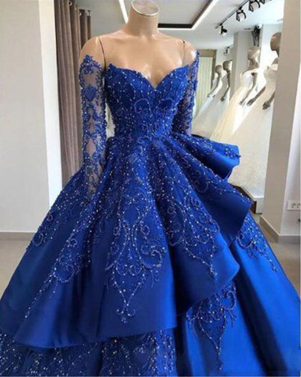 Royal Blue Satin Quinceanera Dresses Embroidered Lace Full Sleeve Sweet 16 vestidos de quinceaera Royal Blue Satin Quinceanera Dresses Embroidered Lace Full Sleeve Sweet 16 vestidos de quinceaera