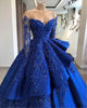 Royal Blue Satin Quinceanera Dresses Embroidered Lace Full Sleeve Sweet 16 vestidos de quinceañera