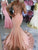 Elegant Coral Pink Prom Dresses Mermaid Lace Applqiues Bodice Sexy Sheer Sleeve Evening Gowns