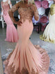 Elegant Coral Pink Prom Dresses Mermaid Lace Applqiues Bodice Sexy Sheer Sleeve Evening Gowns