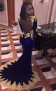 Full Sleeve Gold Lace Royal Blue Velvet Mermaid Prom Dresses Deep V-Neck Sexy Evening Gowns