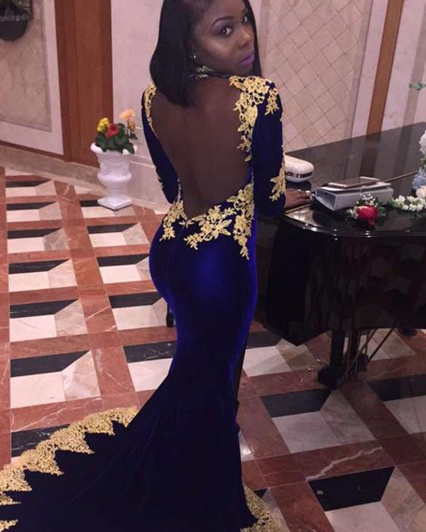 Full Sleeve Gold Lace Royal Blue Velvet Mermaid Prom Dresses Deep V-Neck Sexy Evening Gowns Full Sleeve Gold Lace Royal Blue Velvet Mermaid Prom Dresses Deep V-Neck Sexy Evening Gowns