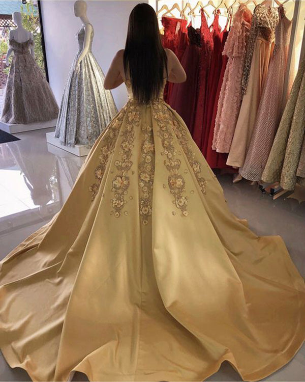 Sexy Gold Satin Quinceanera Dresses Appliques Flowers Ball Gown Sweet 16 vestidos de quinceaera Sexy Gold Satin Quinceanera Dresses Appliques Flowers Ball Gown Sweet 16 vestidos de quinceaera