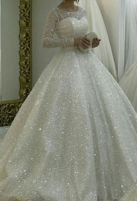Sparkly 2019 Wedding Dresses with Sheer Sleeves Modest O-Neck Bridal Ball Gowns Fashion Sparkly 2019 Wedding Dresses with Sheer Sleeves Modest O-Neck Bridal Ball Gowns Fashion