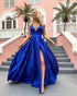 2019 Sexy Deep V-Neck Royal Blue Prom Dresses with Split Side Long Prom Party Gowns