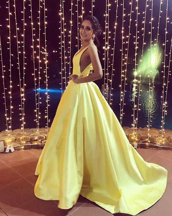 2020 Elegant Yellow Satin Ball Gown Prom Dresses Deep V-Neck Long Prom Party Gowns 2020 Elegant Yellow Satin Ball Gown Prom Dresses Deep V-Neck Long Prom Party Gowns