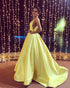 2020 Elegant Yellow Satin Ball Gown Prom Dress Deep V-Neck Long Pageant Gowns