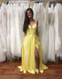 New Style Yellow Satin Prom Dresses with Split Side 2019 V-Neck Long Prom Party Gowns