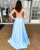 Simple Light Blue Satin Prom Dresses with Spaghetti Straps Long Prom Party Gowns 2019