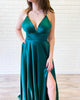 Simple Dark Green Silk Like Satin Prom Dresses Split Side Sexy Long Party Gowns V-Neck