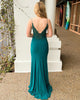 Sexy Dark Green Mermaid Prom Dresses Split Side Lace Appliques Long Prom Gowns V-Neck