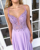 Sexy Light Purple Chiffon A-line Prom Dresses with Lace Appliques Long Prom Gowns Backless