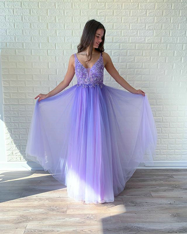2019 Light Purple Tulle Prom Dresses with V-Neck Beaded Bodice Long Pr angelaweddings 2019 Light Purple Tulle Prom Dresses with V-Neck Beaded Bodice Long Pr angelaweddings