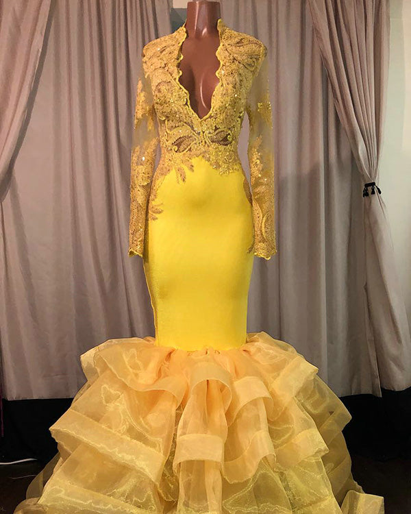 Sexy Mermaid Yellow Lace Prom Dresses with Deep V-Neck Full Sleeve Party Gowns Organza Ruffles Sexy Mermaid Yellow Lace Prom Dresses with Deep V-Neck Full Sleeve Party Gowns Organza Ruffles