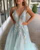 Delicate Ice Blue Tulle Prom Dresses with Lace Appliques Beaded Bodice Long Prom Gowns