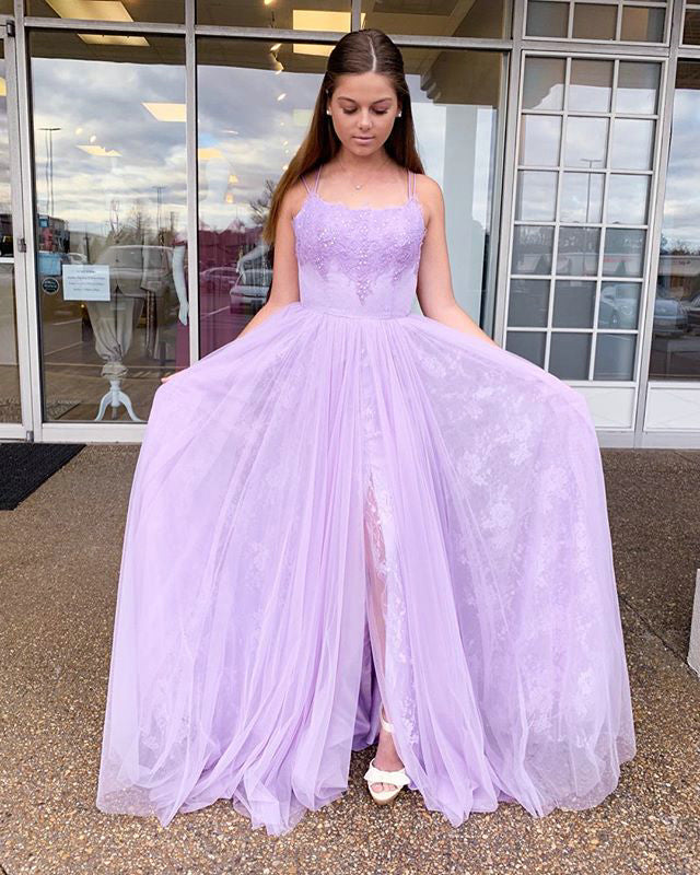 long violet prom dresses 2019 Lilac Lace Tulle Prom Dresses with Split Side Sexy Spaghetti Straps Long Prom Evening Gowns