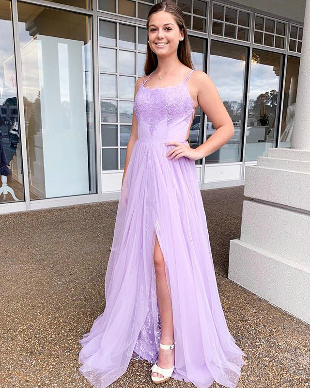 purple prom dresses 2019 2019 Lilac Lace Tulle Prom Dresses with Split Side Sexy Spaghetti Stra angelaweddings