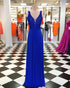 Royal Blue Prom Dresses with V-Neck Lace Appliques Bodice Long Prom Evening Gowns 2019