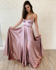 2019 Plus Size Satin Prom Dresses with V-Neck Long Prom Gowns Homecoming Dress Split