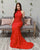 Red Lace Mermaid Prom Dresses with Halter Neckline Long Prom Party Gowns Open Back