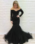 Off The Shoulder Black Lace Mermaid Prom Dresses with Full Sleeve Sexy Formal Dress Beaded