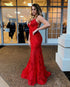 Sexy Deep V-Neck Red Lace Mermaid Prom Dresses 2019 Delicate Long Party Gown Criss Cross
