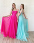 Hot Pink Prom Dresses with Spaghetti Straps Elegant Chiffon Ruffles A-line Prom Gowns 2019