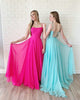Hot Pink Prom Dresses with Spaghetti Straps Elegant Chiffon Ruffles A-line Prom Gowns 2019