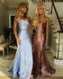 2019 Sexy Light Blue Mermaid Prom Dresses with Belt Beaded Long Prom Gowns Split Side