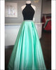 2019 Black Mint Satin Prom Dresses with Halter Neckline Sexy Long Prom Gowns Beadings