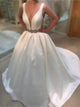 Sexy Satin Wedding Dresses with Beaded Belt Sexy New V-Neck Bridal Gowns Open Back