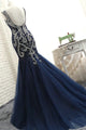Navy Blue Tulle Mermaid Evening Dresses with Silver Beadings Sexy Evening Party Gowns