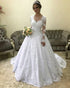 2019 Full Sleeve Lace Wedding Dress Appliques V-Neck Tulle Bridal Ball Gown with Satin Belt