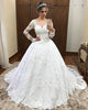 2019 Full Sleeve Lace Wedding Dress Appliques V-Neck Tulle Bridal Ball Gown with Satin Belt