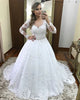 2019 Full Sleeve Lace Wedding Dress Appliques V-Neck Tulle Bridal Ball Gown with Beaded Belt