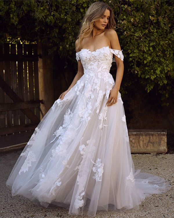 Popular 2019 Summer Beach Wedding Dresses Off The Shoulder A-Line Lace Tulle Bridal Gowns Popular 2019 Summer Beach Wedding Dresses Off The Shoulder A-Line Lace Tulle Bridal Gowns