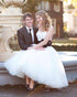 Vintage White Tulle Wedding Dresses with Black Belt Tea-Length Ball Gown Wedding Gowns