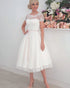 Vintage Ivory Lace Wedding Dress Tea Length Short Sleeve Bridal Gown Sheer Square Neck