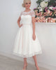 2019 Vintage Ivory Lace Wedding Dress Tea Length Short Sleeve Bridal Gown Sheer Square Neck