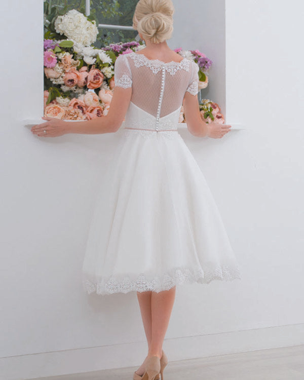 Vintage Ivory Lace Wedding Dress Tea Length Short Sleeve Bridal Gown Sheer Square Neck Vintage Ivory Lace Wedding Dress Tea Length Short Sleeve Bridal Gown Sheer Square Neck