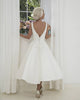 Vintage White Satin Short Wedding Dress V-Neck Lace Appliques Ball Gown Dress for Brides Tea Length