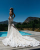 2020 Unique Lace Wedding Dress Pockets Sheer Deep V-neck Lace Bridal Gowns with Long Train