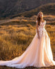 2020 Champagne Tulle Wedding Dress Open Back Cap Sleeves Lace Appliques Summer Garden Boho Tulle Bridal Gowns